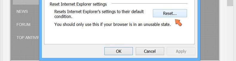 Herstel de Internet Explorer instellingen naar standaard in Windows 8 - klik op de herstellen-knop in Internet opties Geavanceerd-tab