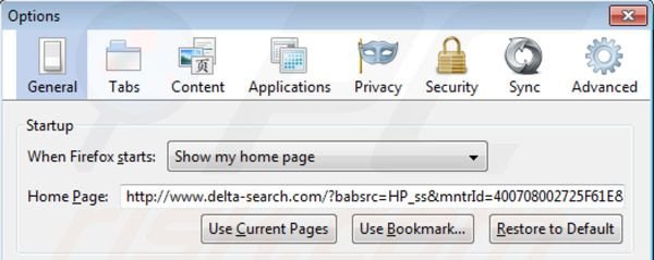 Delta Search startpagina in Mozilla Firefox