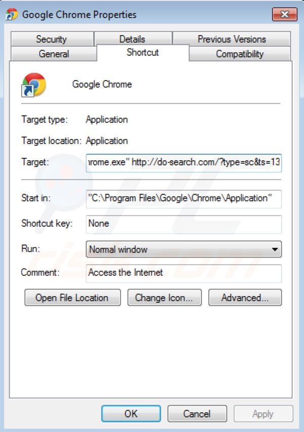 Do-search.com verwijderen als doel van de Google Chrome snelkoppeling