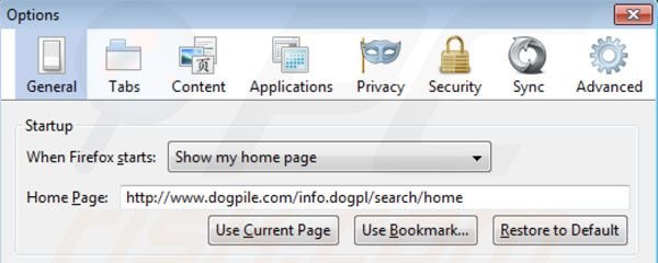 Dogpile verwijderen als Firefox startpagina