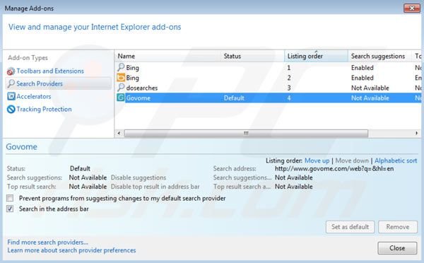 Verwijder Govome als standaard zoekmachine in Internet Explorer