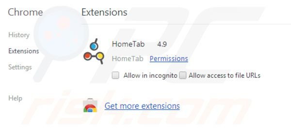 Hometab verwijderen uit de Google Chrome extensies stap 2