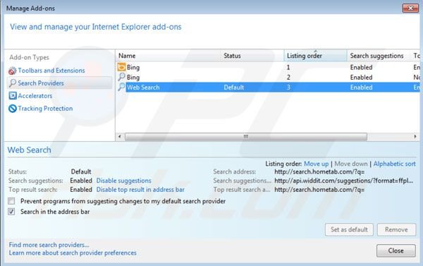 Hometab verwijderen als standaard zoekmachine in Internet Explorer