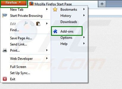 Hometab verwijderen uit de Mozilla Firefox extensies stap 1