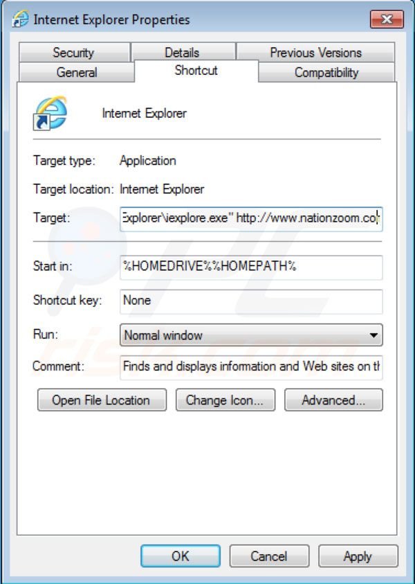 Verwijder Nationzoom.com als doel van de Internet Explorer snelkoppeling