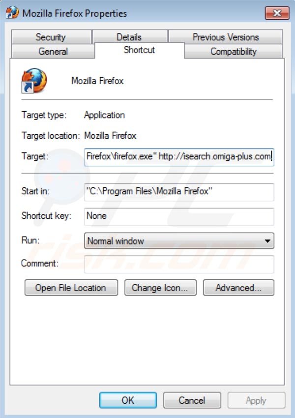 Omiga plus verwijderen uit de snelkoppeling naar Mozilla Firefox