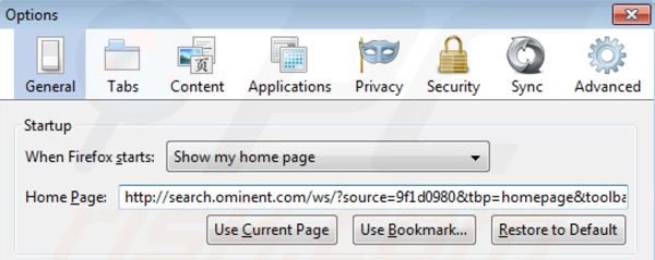 Verwijder search.ominent.com als startpagina in Mozilla Firefox