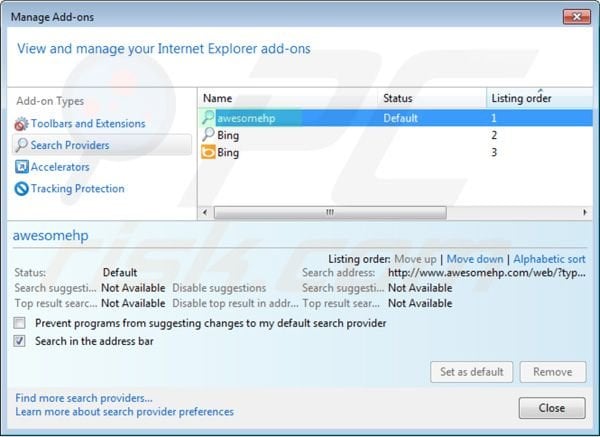 Removing awesomehp.com from Internet Explorer default search engine settings