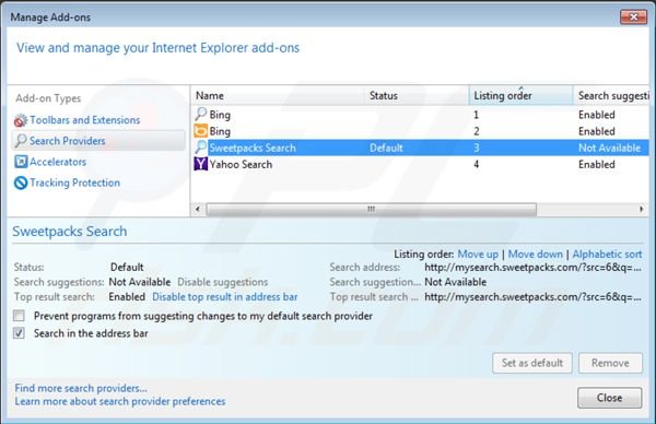 Removing Mysearch.sweetpacks.com from Internet Explorer default search engine settings