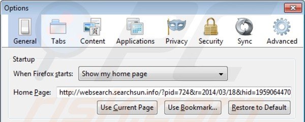 Verwijder websearch.searchsun.info als startpagina in Mozilla Firefox