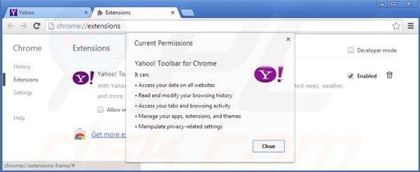 Verwijder de Yahoo werkbalk uit de Google Chrome extensies