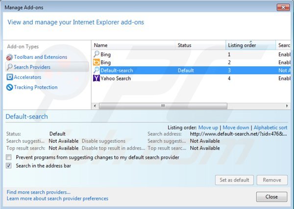 Verwijder default-searchnet.net als standaard zoekmachine in Internet Explorer