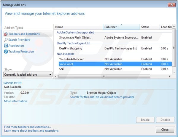 De saveneto add-on verwijderen uit Internet Explorer stap 2