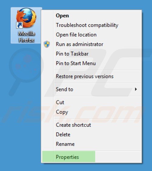 Verwijder istart.webssearches.com als doel van de Mozilla Firefox snelkoppeling stap 1