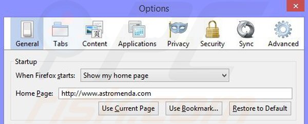 Verwijder de Astromenda browser hijacker uit Mozilla Firefox stap 2