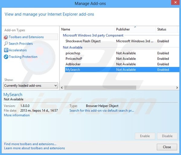 Verwijder aan websearch.flyandsearch.info gerelateerde Internet Explorer extensies