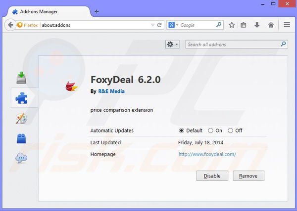 Verwijder de foxydeal advertenties uit Mozilla Firefox stap 2