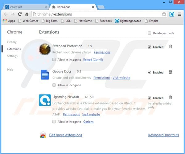 Verwijder aan istartsurf.com gerelateerde Google Chrome extensies