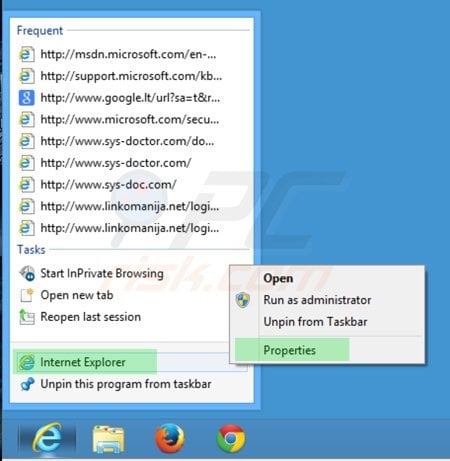 Verwijder istartsurf.com als doel van de Internet Explorer snelkoppeling stap 1