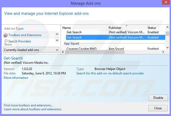 Verwijder de Severe Weather Alerts advertenties uit Internet Explorer stap 2