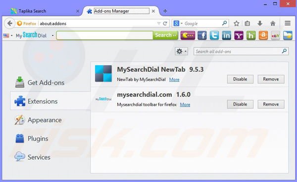 Verwijder de Taplika browser hijacker uit Mozilla Firefox stap 1