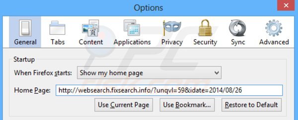 Verwijder websearch.fixsearch.info als startpagina in Mozilla Firefox