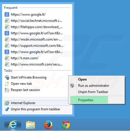Verwijder portalsepeti.com als doel van de Internet Explorer snelkoppeling stap 1
