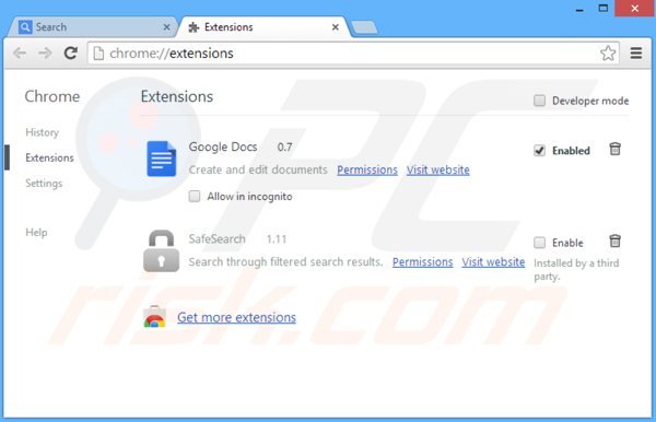 Verwijder aan safesear.ch gerelateerde Google Chrome extensies