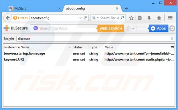 Verwijder de dlsecure doorverwijzing als standaard zoekmachine in Mozilla Firefox 
