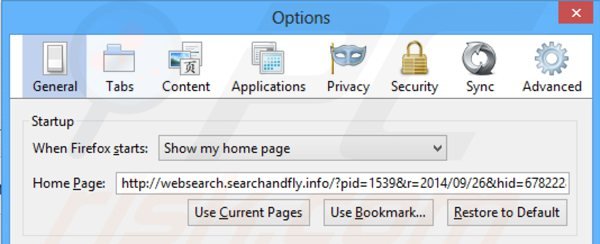 Verwijder websearch.searchandfly.info als startpagina in Mozilla Firefox 