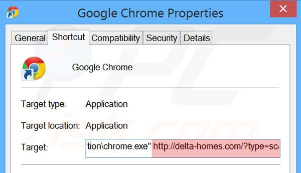 Verwijder delta-homes.com als doel van de Google Chrome snelkoppeling stap 2