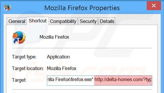 Verwijder delta-homes.com als doel van de Mozilla Firefox snelkoppeling stap 2