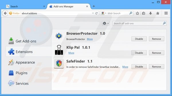 Verwijder aan search.safefinder.com gerelateerde Mozilla Firefox extensies