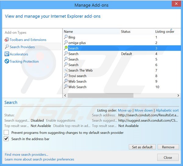 Verwijder search.conduit.com als standaard zoekmachine in Internet Explorer 