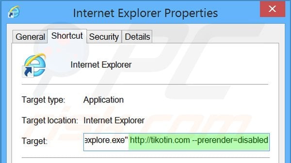Verwijder tikotin.com uit de Internet Explorer snelkoppeling stap 2