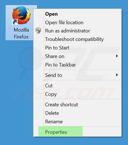 Verwijder tikotin.com als doel van de Mozilla Firefox snelkoppeling stap 1