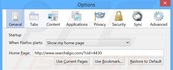 Verwijder Searchalgo.com als startpagina in Mozilla Firefox 