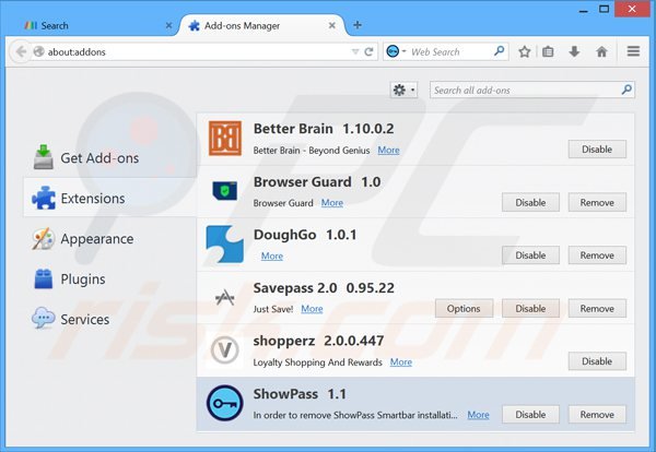 Verwijder aan showpass smartbar gerelateerde Mozilla Firefox extensies