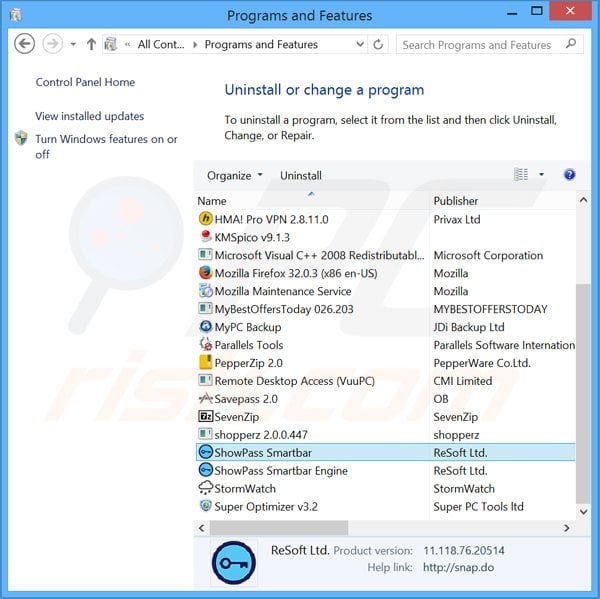 showpass smartbar browser hijacker verwijdering via het Controle Paneel