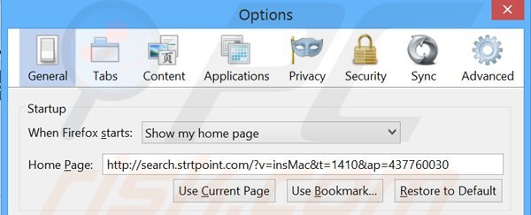 Verwijder search.strtpoint.com als startpagina in Mozilla Firefox