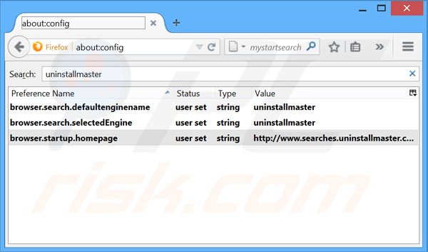 Verwijder Uninstall Master als standaard zoekmachine in  Mozilla Firefox 