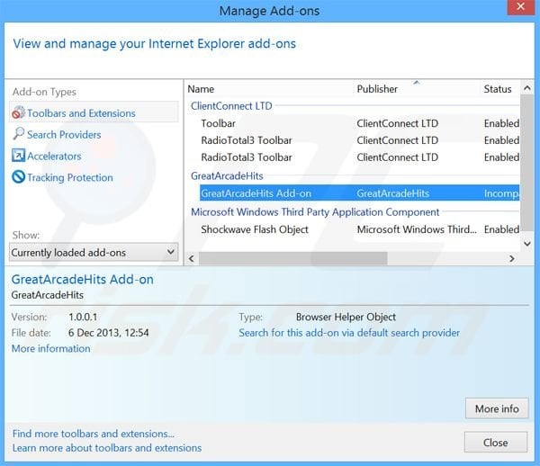Verwijder de GreatArcadeHits advertenties uit Internet Explorer stap 2