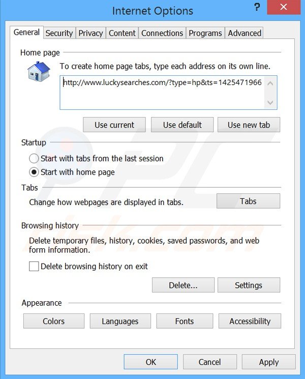 Verwijder luckysearches.com als startpagina in Internet Explorer