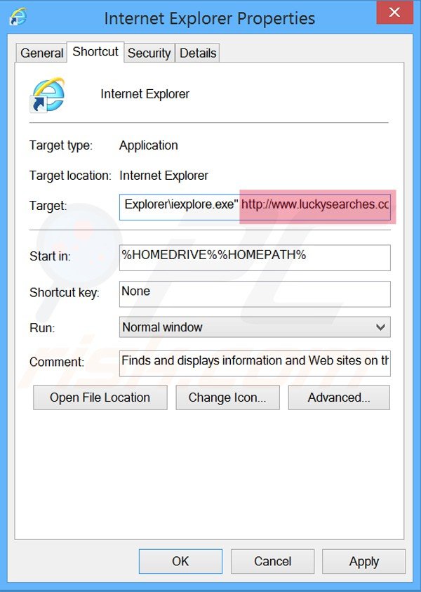 Verwijder luckysearches.com als doel van de Internet Explorer snelkoppeling stap 2