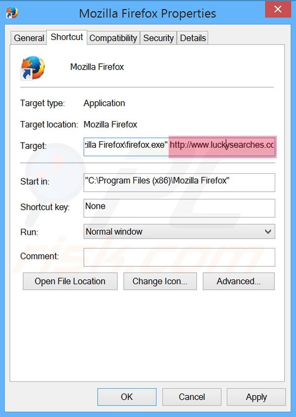 Verwijder luckysearches.com als doel van de Mozilla Firefox snelkoppeling stap 2