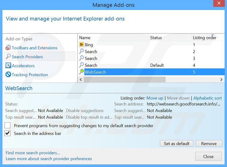 Verwijder websearch.goodforsearch.info als standaard zoekmachine uit Internet Explorer