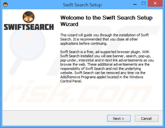Installer instelling van de Swift Search adware