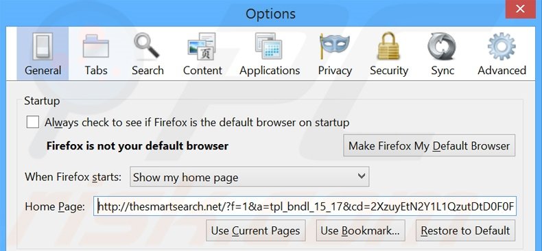 Verwijder thesmartsearch.net als startpagina in Mozilla Firefox