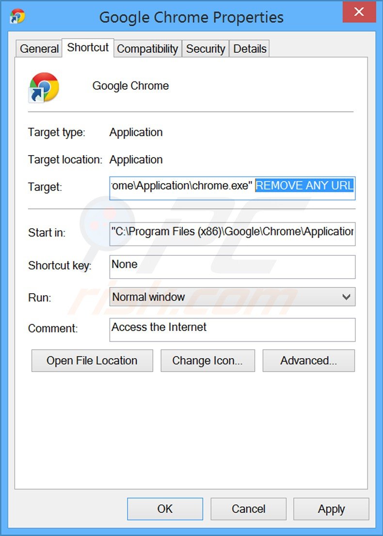 Verwijder een ongewenste URL als doel van de Google Chrome snelkoppeling stap 2