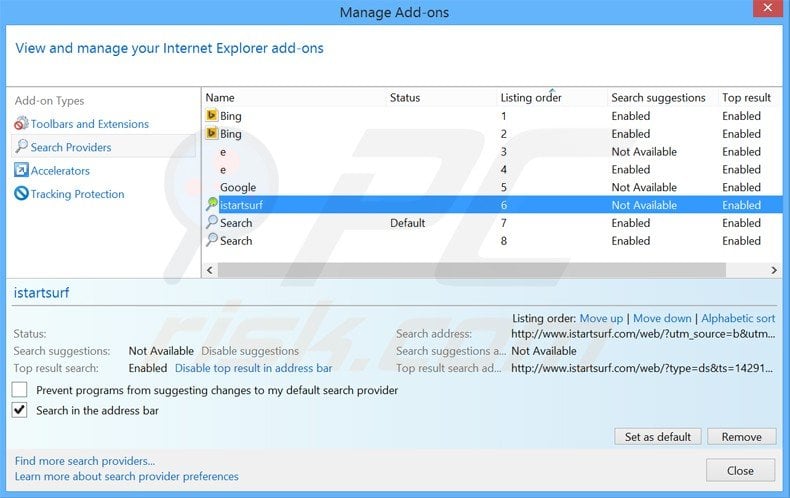 Verwijder aan xtab gerelateerde standaard zoekmachines uit Internet Explorer
